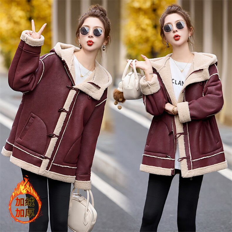 连帽仿羊羔毛外套女冬2024新款时尚休闲加绒加厚皮毛一体中长款棉服，女装羊羔毛/颗粒绒，江南女神