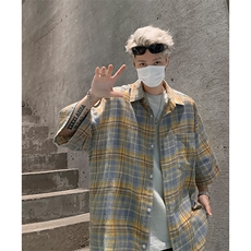夏季新款高街宽松衬衫男高品质格子五分袖衬衣，男装衬衫，电商A102-1