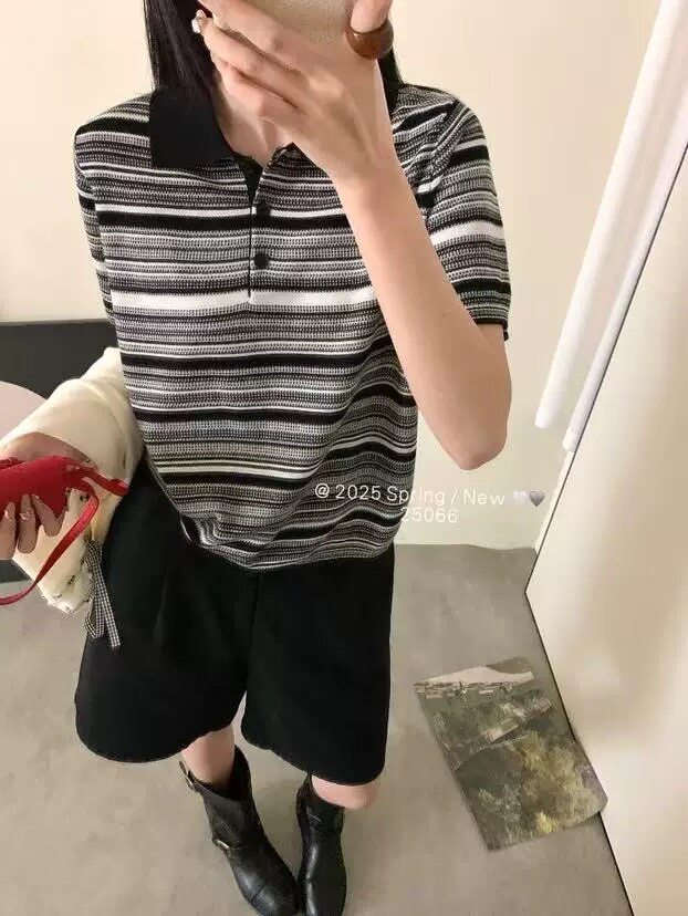 欧洲站2025新款翻领精纺羊毛条纹短袖针织衫,女装T恤,艾米娇羊绒