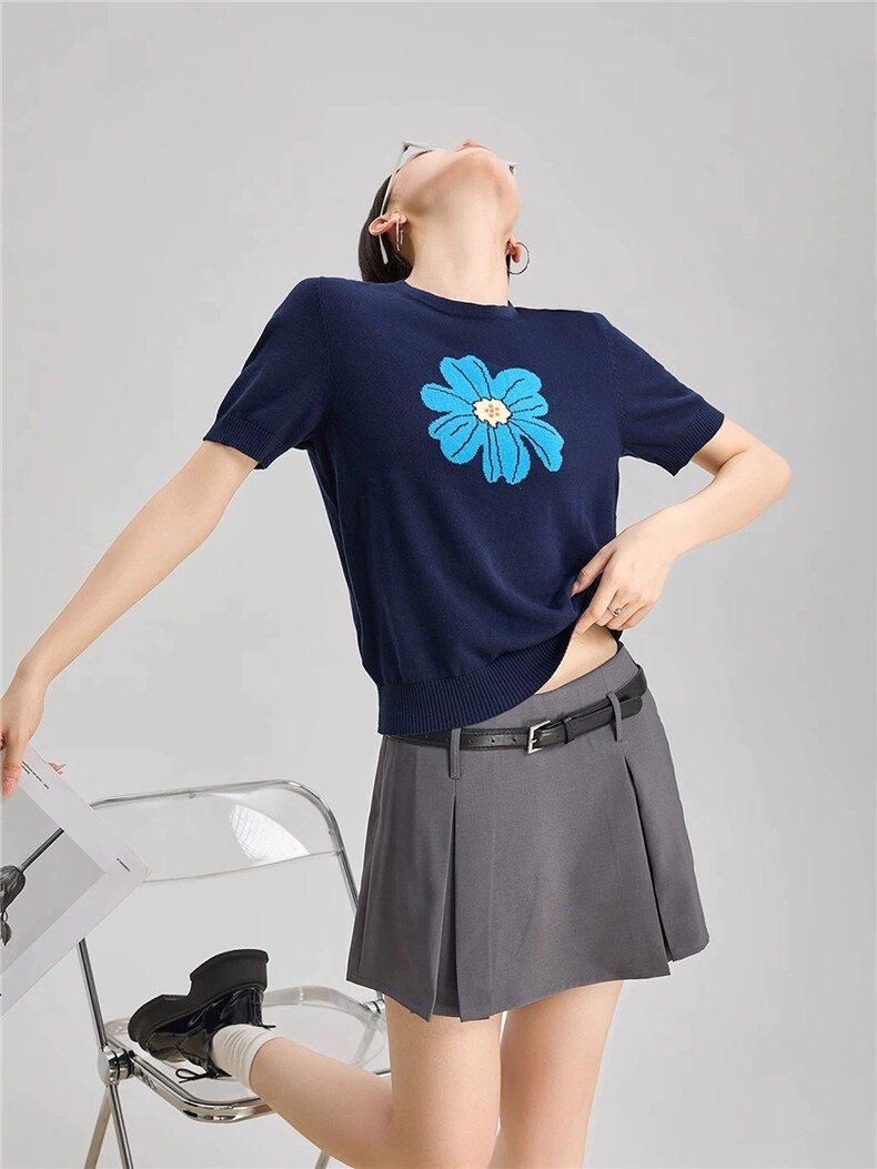 夏季新款天丝莱赛尔大花朵刺绣短袖女宽松百搭显瘦时尚休闲上衣,针织衫/毛衣,雪真羊绒