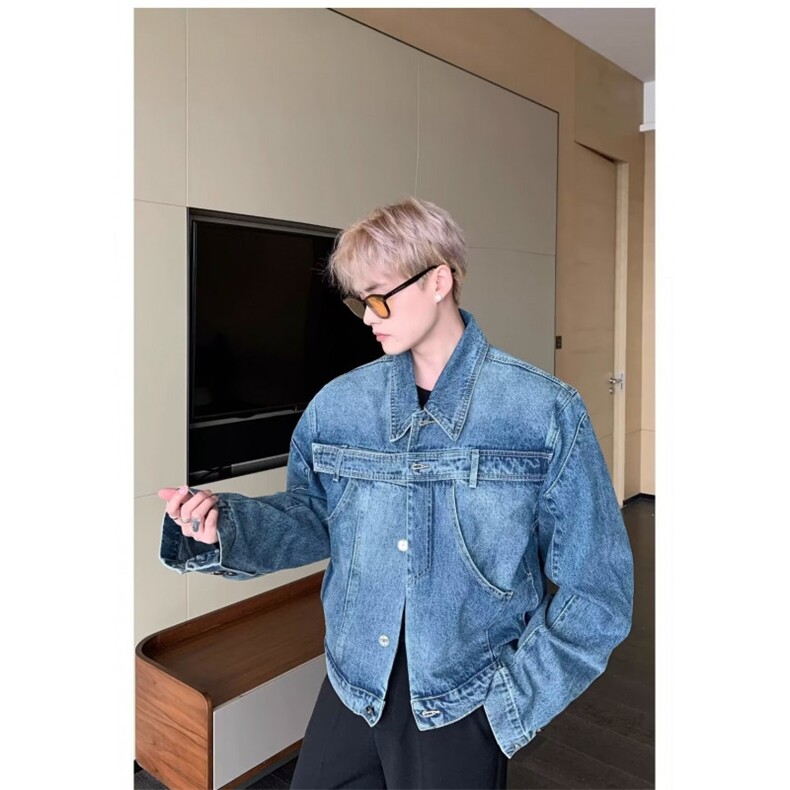 小众设计感复古水洗短款垫肩牛仔外套男金属卡扣拼接夹克JKX619，男装工装外套，星座516A