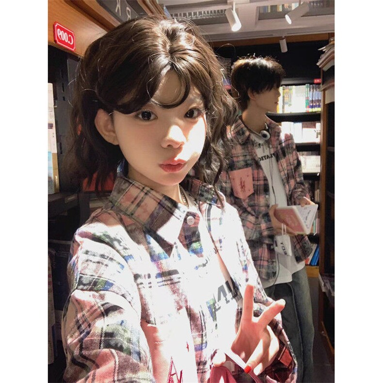 美式复古刺绣格子衬衫外套男女春秋美式情侣宽松长袖衬衣CE02,男装衬衫,星座1116A（原606A-3）