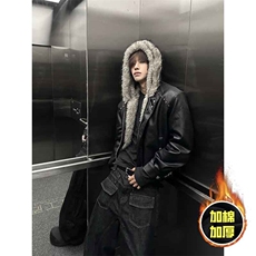 现货冬季美式潮牌痞帅PU皮机车服棉衣毛毛绒狼王座山雕皮棉服，男装棉衣，电商A443