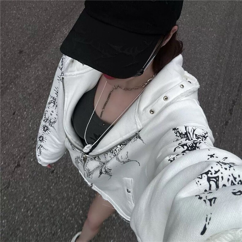 美式重磅龙骨恶魔印花铆钉做旧宽松长袖拉链连帽衫卫衣外套,女装短外套,星座410-6（原星座1304-1）