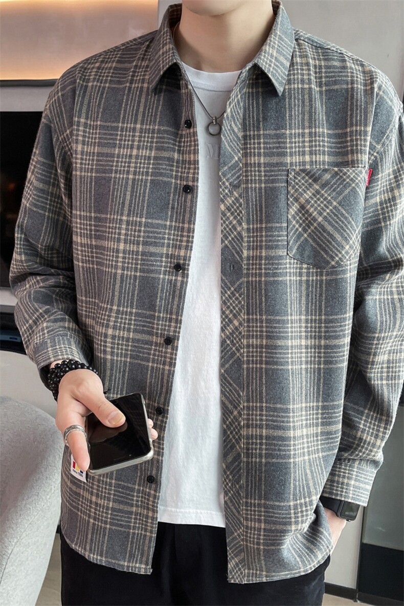 秋季潮流格子衬衫男港风休闲长袖外套青少年男装2108P28,男装衬衫,星座1107-1