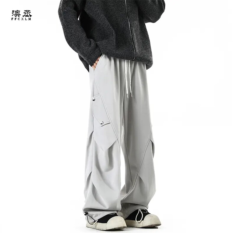 港风秋款男休闲裤褶皱拼接工装阔腿长裤h35P50,男装工装外套,星座1013-1