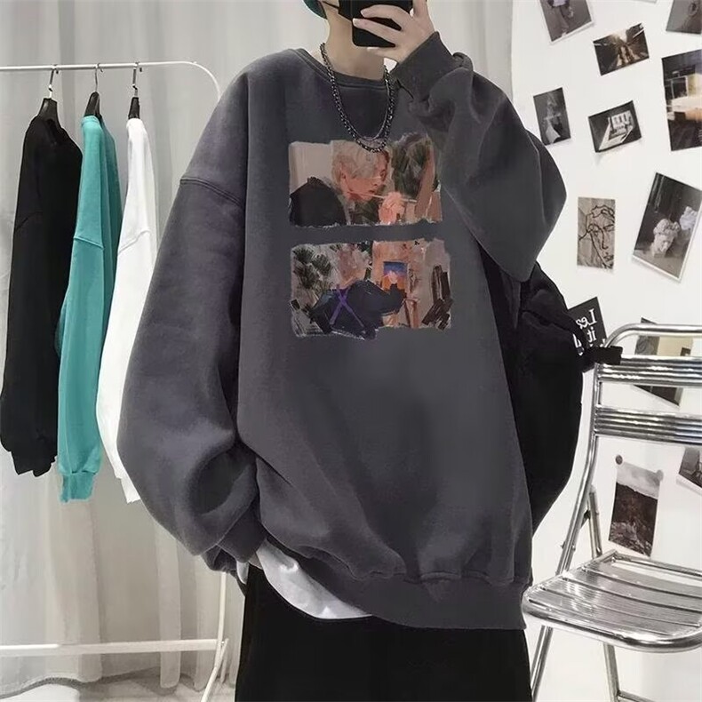 B0072-P242025春夏美式涂鸦潮牌休闲打底衫宽松黑色纯棉长袖,男装T恤,电商B323A