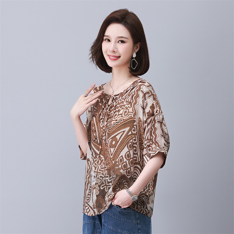 时尚宽松印花系绳短袖上衣舒适百搭显瘦女装衬衫,女装衬衫,叶笙衣