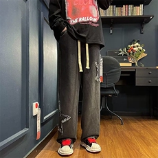 复古牛仔裤男秋季高街vibe裤子港风潮牌设计感拖地阔腿裤1689-P45，男装牛仔裤，星座1008