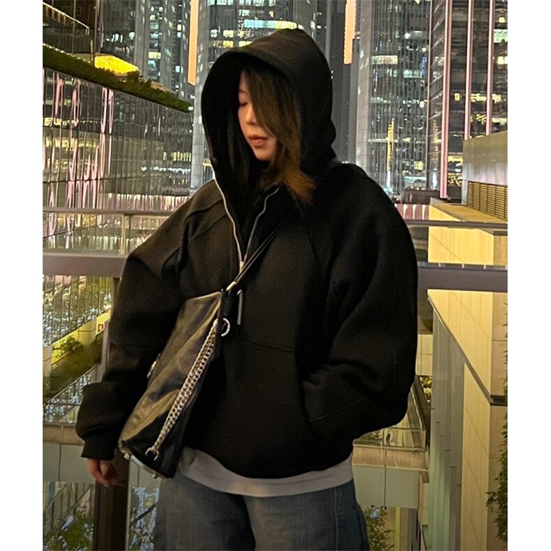 抖音得物二开美式重磅宽松结构拉链设计防风高领连帽卫衣外套W76,男装卫衣,电商A486
