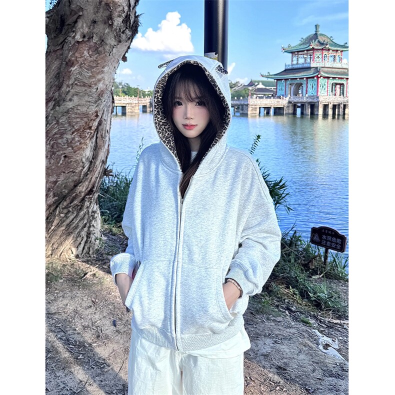 XZ1005-1-TTH0712-P75耳朵豹纹连帽卫衣外套男女情侣连帽开衫外套图片