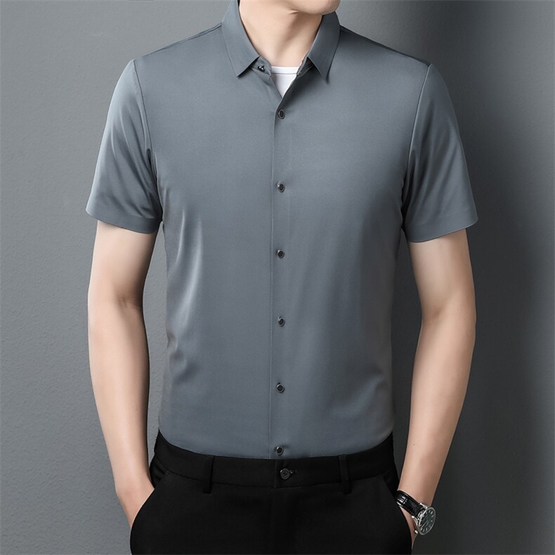 衬衫男2023新款夏装商务休闲正装中青年男士纯色翻领短袖工装衬衫,男装衬衫,电商B212（原钱塘6029）