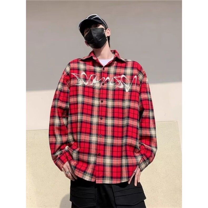 【006】刺绣红色格子长袖衬衫男衬衣情侣外套A079-CS307-P30,男装衬衫,电商A079