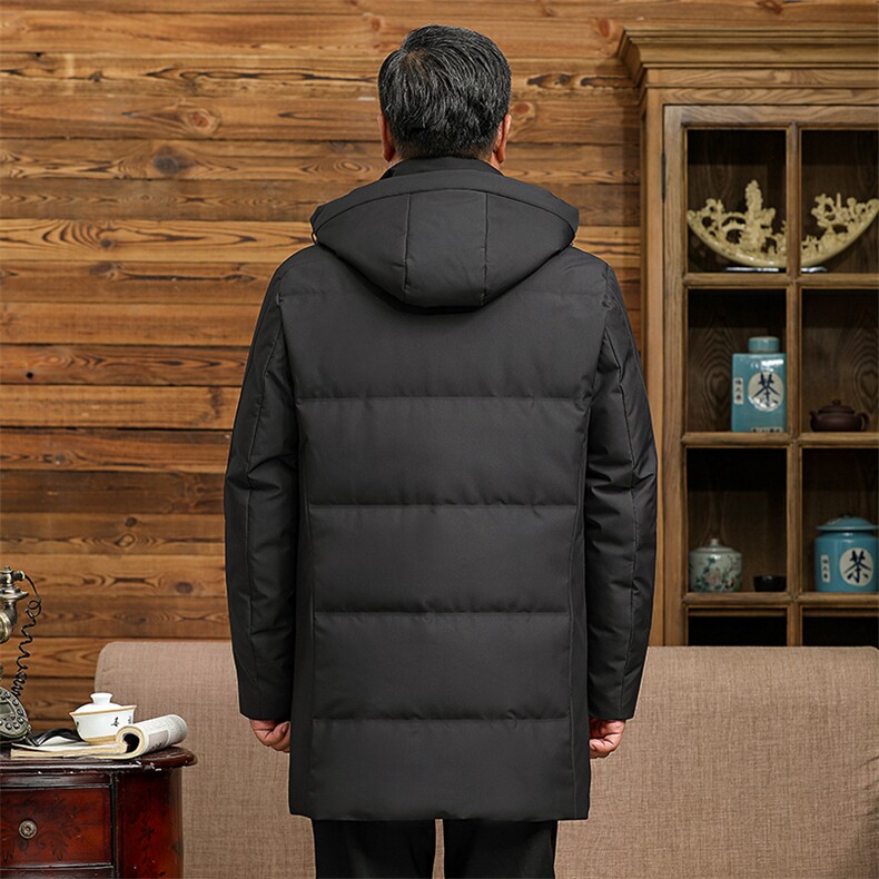2024年冬季老年休闲男士连帽中长款羽绒服男装加厚保暖白鸭绒外套,男装羽绒服,钱塘6003（原4033）