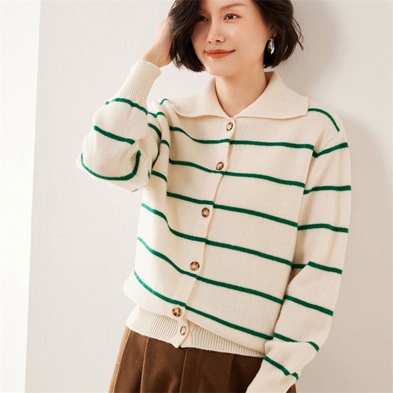 2025年秋季圆领长袖单件绿条纹翻领开衫，女装针织衫/毛衣，伊绒腾羊绒