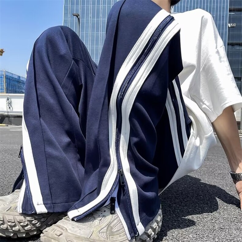 春秋条纹垂感直筒卫裤男宽松潮牌复古运动裤夏季男生休闲长裤潮,男装休闲裤,星座716-2