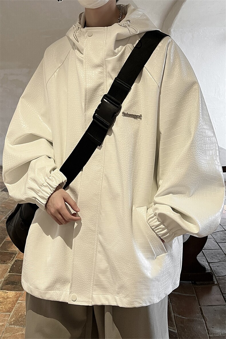 港风连帽鳄鱼纹PU皮衣大码情侣休闲冲锋衣夹克男JK8744P90控128,男装夹克,星座226-1