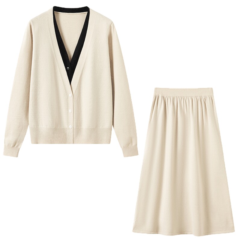 2025秋装新款气质百搭显瘦针织假两件针织上衣+半身裙两件套女,女装套装/套裙,时尚风爆