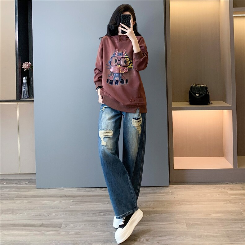 韩版时尚休闲套装女春季新款连帽刺绣卡通上衣破洞牛仔长裤两件套,女装套装/套裙,江南
