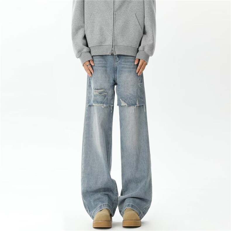 N129-P6025春装假两件牛仔裤水洗浅蓝色休闲牛仔裤宽松直筒裤，男装牛仔裤，电商B327
