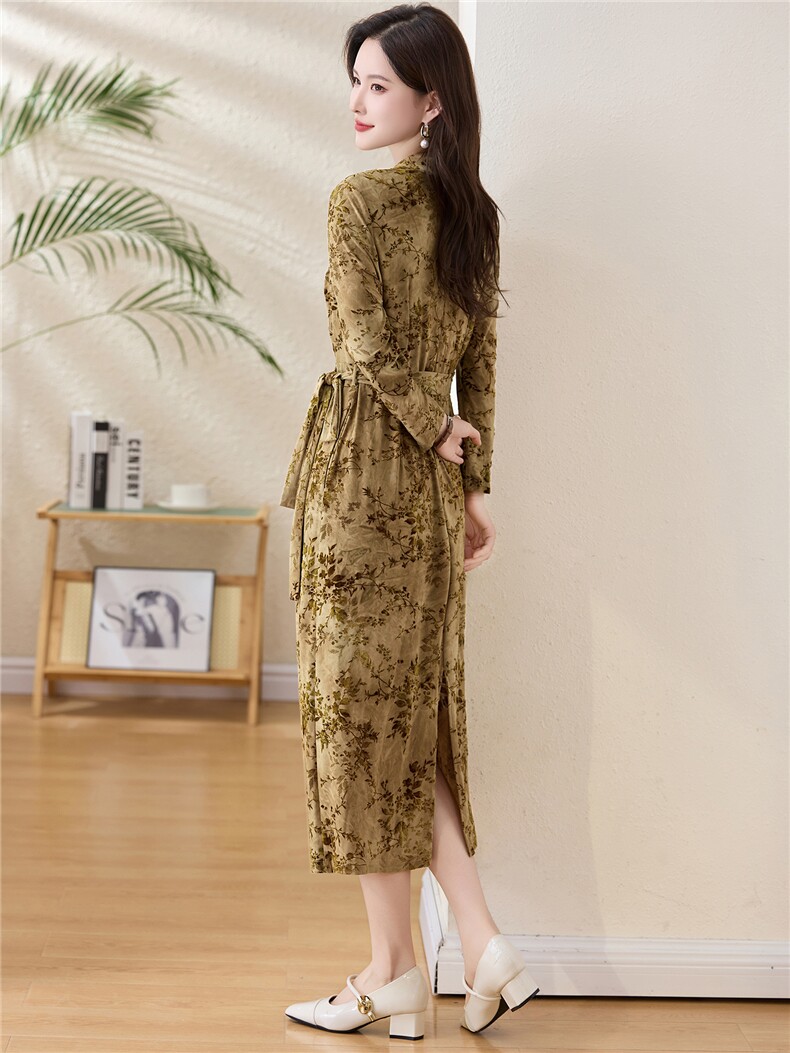 优雅气质丝绒提花连衣裙女2025秋季新款长袖收腰显瘦女人味长裙子,女装连衣裙,恋慕依尚