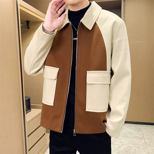 男新款呢子大衣秋冬妮子毛呢拼色宽松夹克外套A236-JK-5051-P135图片