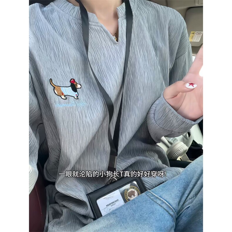 XZ809A/SYR02/特P24/控48   肌理感绣花腊肠狗V领长袖T恤卫衣图片