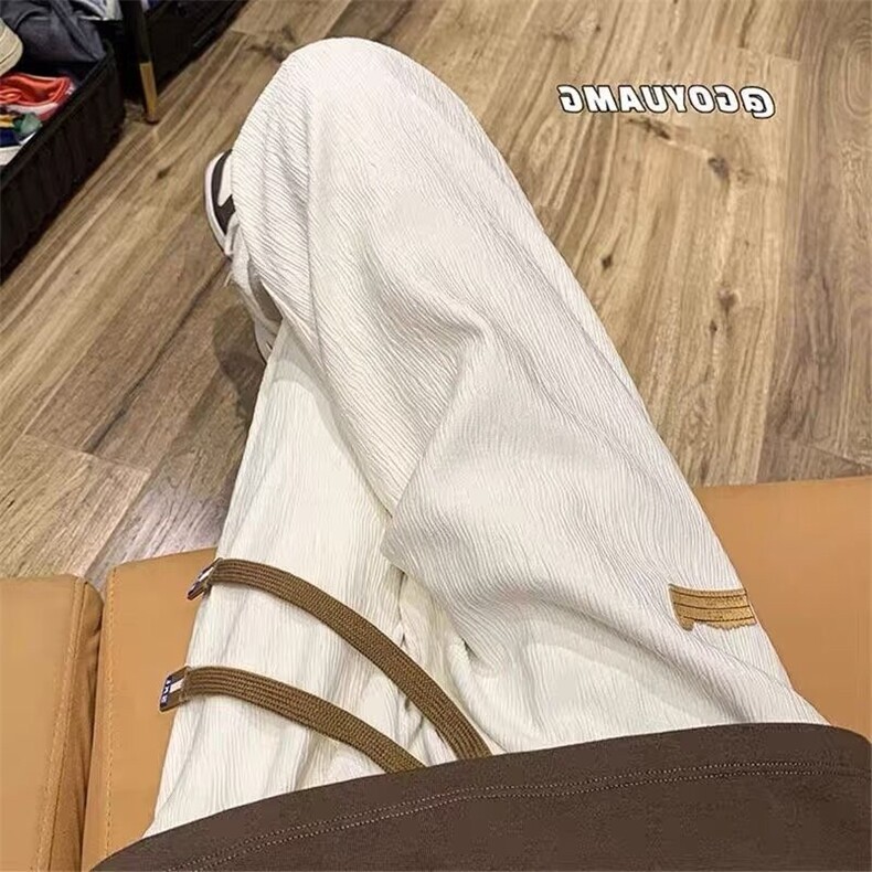 美式复古咖色裤子男夏季薄款褶皱运动长裤垂感宽松直筒阔腿休闲裤,男装休闲裤,星座218-1（原230）