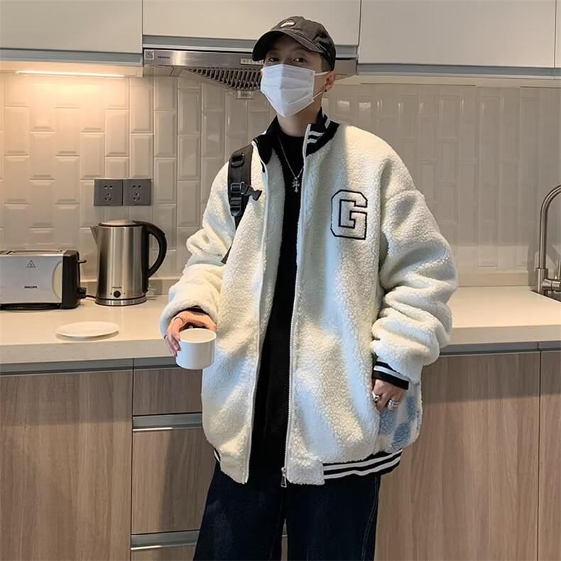 美式ins复古棋盘格套男秋冬刺绣羊羔绒外套HY79P60,男装棉衣,星座1116-2