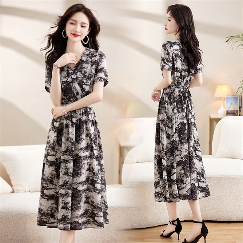 水墨印花连衣裙女夏季2023新款遮肚子显瘦洋气长裙高级感系带裙子，女装连衣裙，牡丹诺