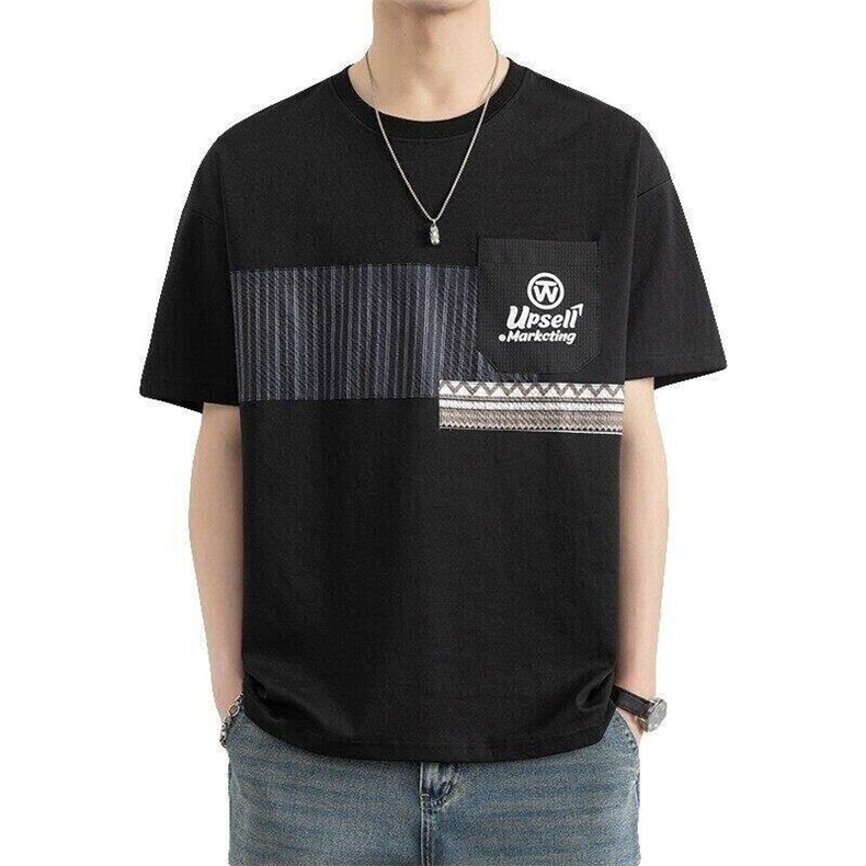 25166-特P40夏季口袋装饰圆领T恤男打底衫个性拼接撞色短袖t恤男,男装T恤,电商D310B-1