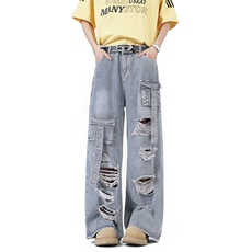 2025新款破洞工装牛仔裤设计感水洗多口袋男女拖地现货K8402-P60，男装牛仔裤，星座512-3