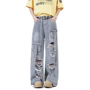 2025新款破洞工装牛仔裤设计感水洗多口袋男女拖地现货K8402-P60图片