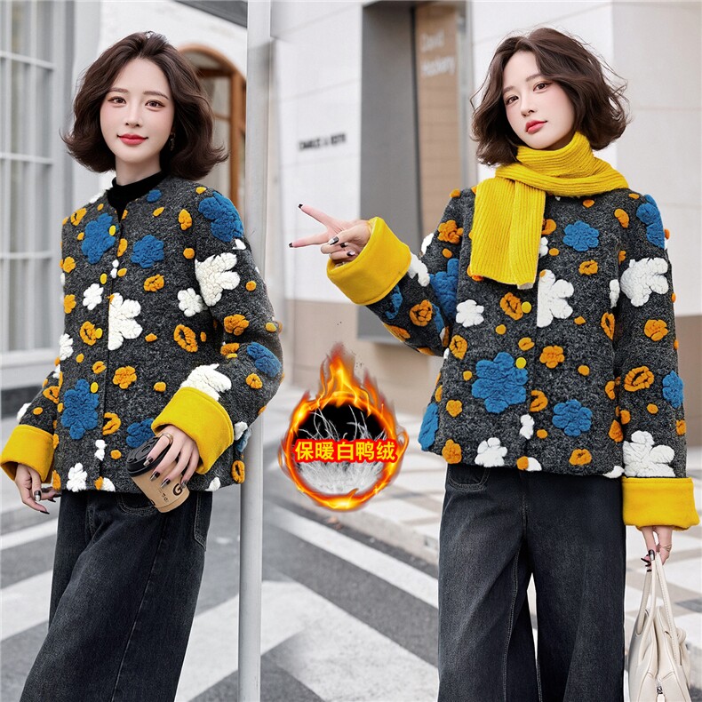 羽绒服女2025冬季新款圆领长袖短款保暖羊毛外套图片