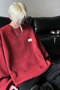 抖音品质麂皮绒笑脸小标简约宽松圆领卫衣JK23341特批36控59图片