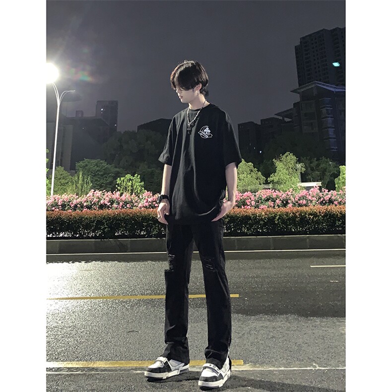 B221美式ins高街暗黑拉链小脚弹力破洞牛仔裤LK23060-P65控88,男装牛仔裤,电商B221