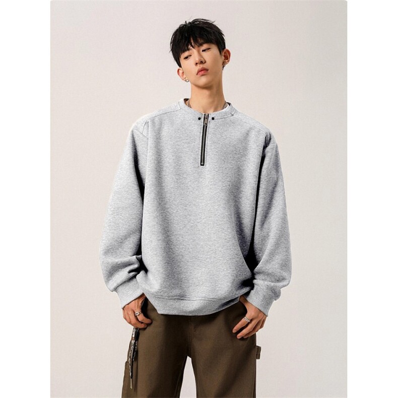 WY802-尺码M-3XL-P35-重磅纯色半拉链套头圆领卫衣宽松长袖上衣图片