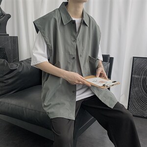 夏季男士潮流无袖衬衫宽松韩版日系潮牌纯色休闲学生背心CS07-p28图片