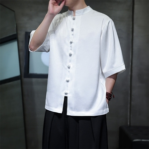 夏季新款缎面短袖衬衫男风新中式五分袖盘扣半袖大码CS888P65图片