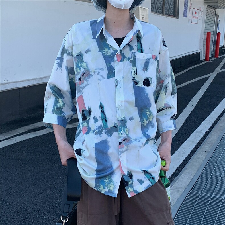 2026夏休闲水墨画冰丝凉感短袖五分袖半袖衬衫CS29/特P30浅蓝2,男装衬衫,电商A094