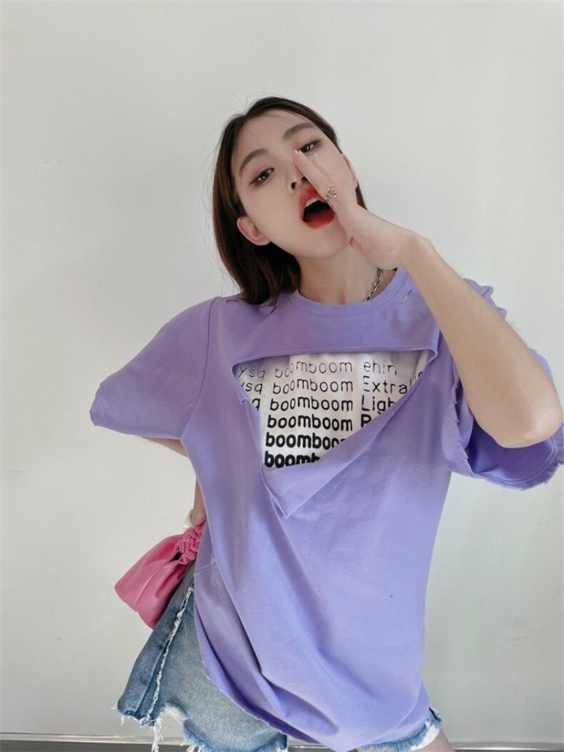 设计师款破洞字母T恤，女装T恤，YSQ Boomboom