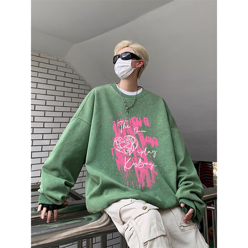 得物抖音高品质二开360克重磅做旧炒雪花纯色圆领水洗卫衣1505,男装卫衣,电商A486