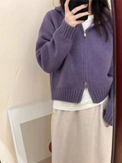 短款连帽开衫女春秋新款宽松外穿长袖套头毛衣外套，女装针织衫/毛衣，半城羊绒