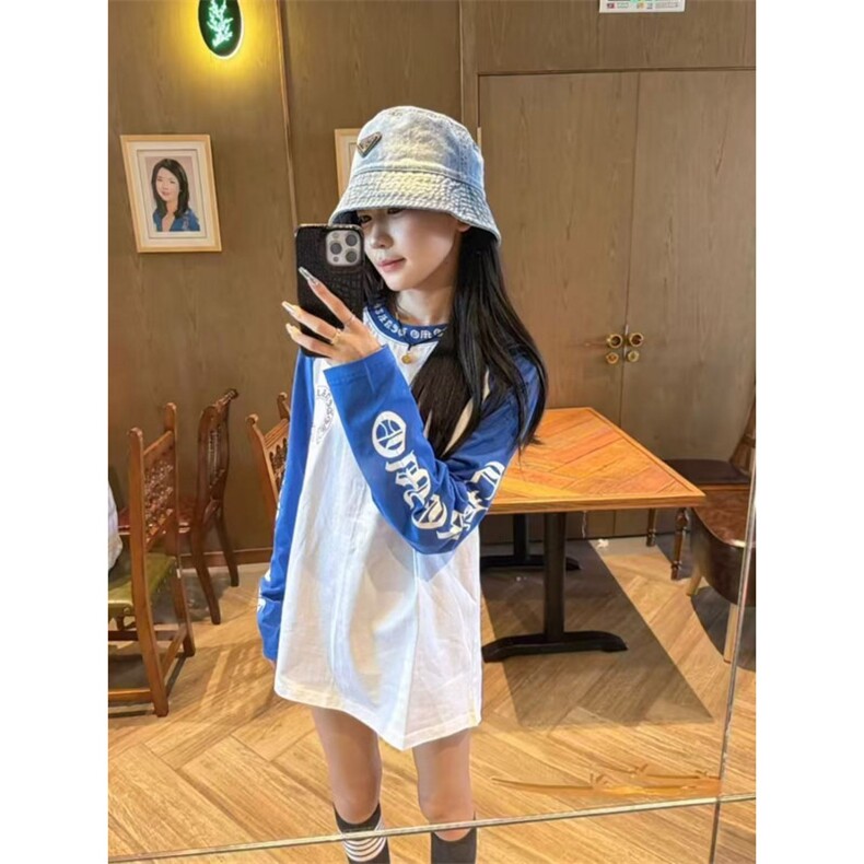 5595-P40好质量做工#印花螺纹领包边拉肩长袖T恤,女装T恤,星座617A-2