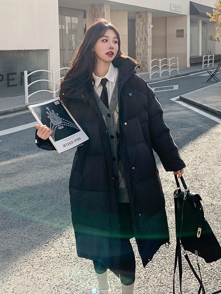 学院风黑色中长款羽绒棉服女冬季2024新款韩系高级感90白鸭绒外套,女装羽绒服,浙宝192（原082）