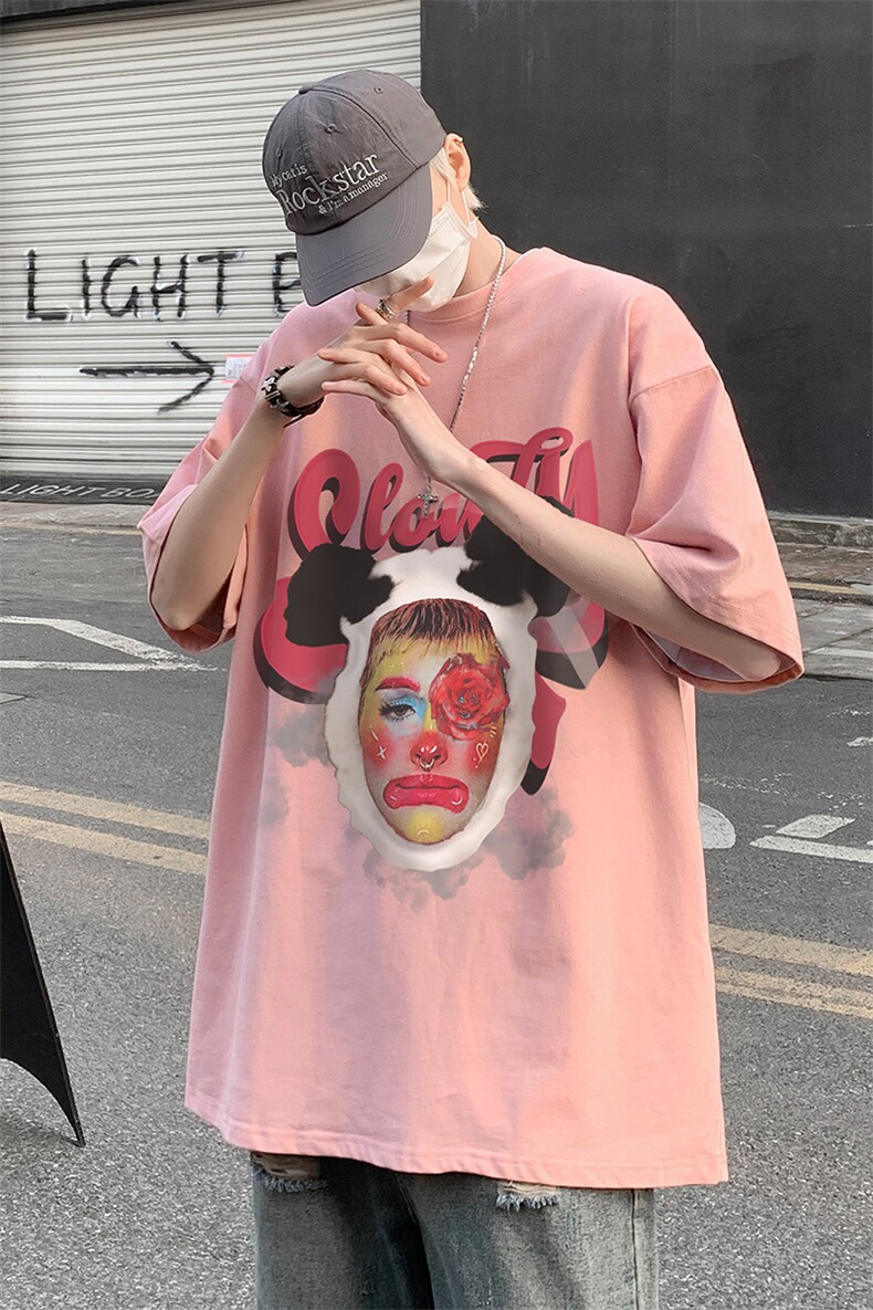 B239-1093-P25熊猫大头贴创意印花夏季重磅落肩袖短袖T恤港风,男装T恤,星座514-2(原B239)