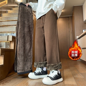 wassup happy羊羔毛裤子男款冬季潮牌灯芯绒加绒加厚阔腿休闲长裤图片