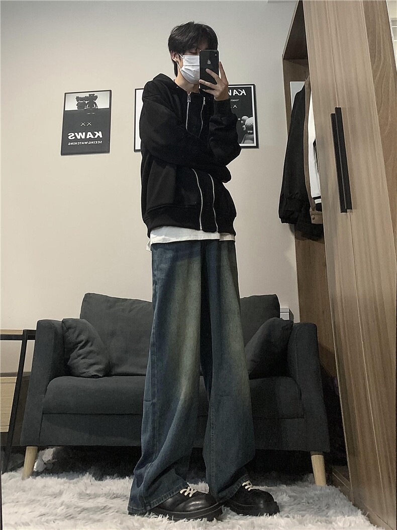dirtyfit裤子水洗蓝阔腿直筒牛仔裤垂感高级感XZ310A-4-NZ10,男装牛仔裤,星座310A-4