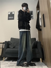 dirtyfit裤子水洗蓝阔腿直筒牛仔裤垂感高级感XZ310A-4-NZ10，男装牛仔裤，星座310A-4