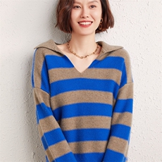 秋冬新款时尚百搭加厚V领条纹羊绒衫舒适保暖显瘦长袖毛衣女，女装羊绒衫，雅之冉羊绒